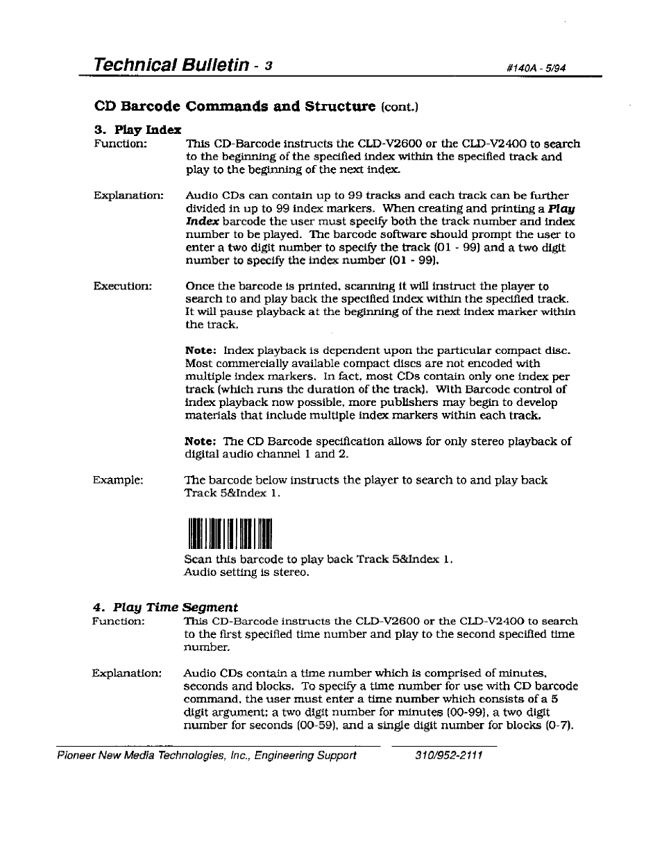 Cd barcode commands and structure (contj, Technical bulletin - 3 | Pioneer BARCODE CLD-V2400 User Manual | Page 3 / 4