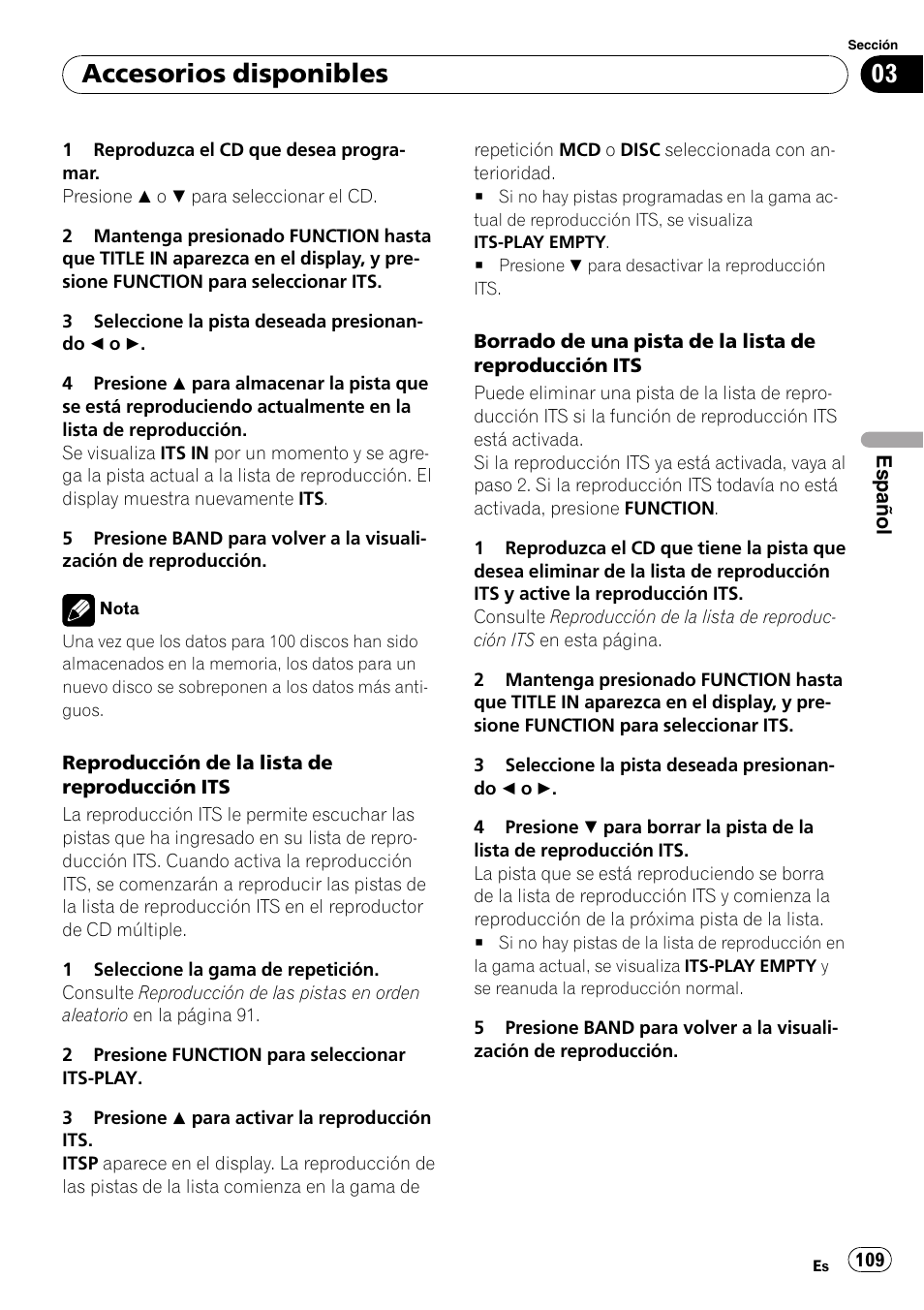 Accesorios disponibles | Pioneer Premier DEH-P490IB User Manual | Page 109 / 118