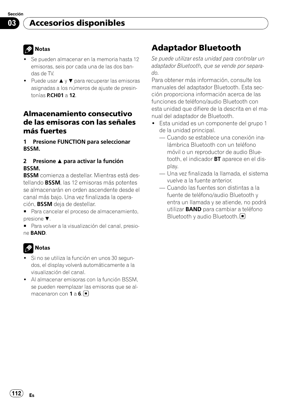 Almacenamiento consecutivo de las, Emisoras con las señales más fuertes, Adaptador bluetooth | Accesorios disponibles | Pioneer Premier DEH-P490IB User Manual | Page 112 / 118