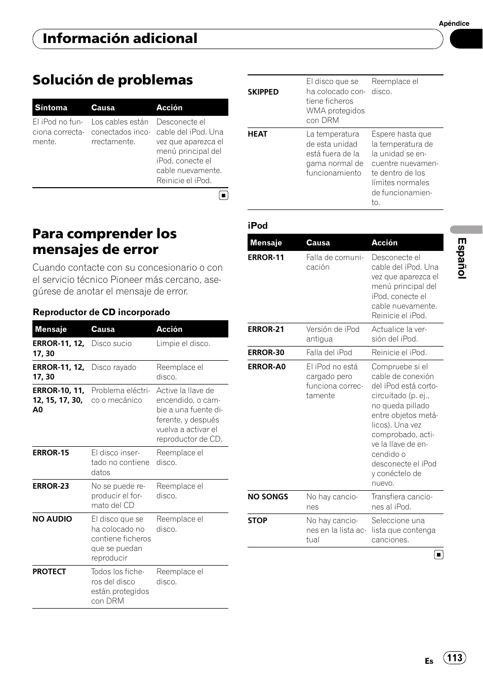 Información adicional solución de problemas, Para comprender los mensajes de error, Solución de problemas | Información adicional, Español | Pioneer Premier DEH-P490IB User Manual | Page 113 / 118