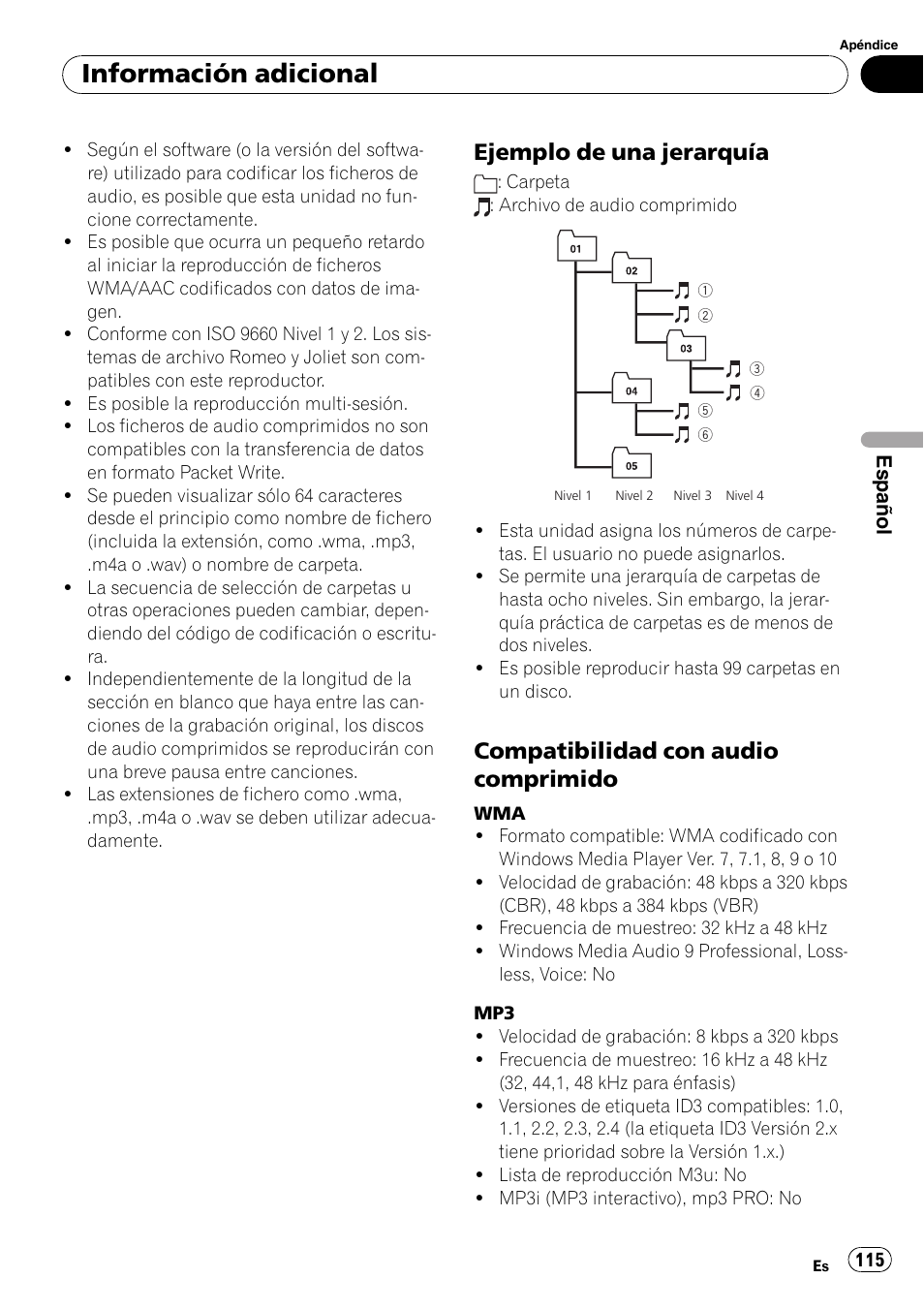 Ejemplo de una jerarquía 115, Compatibilidad con audio, Comprimido | Información adicional, Ejemplo de una jerarquía, Compatibilidad con audio comprimido | Pioneer Premier DEH-P490IB User Manual | Page 115 / 118