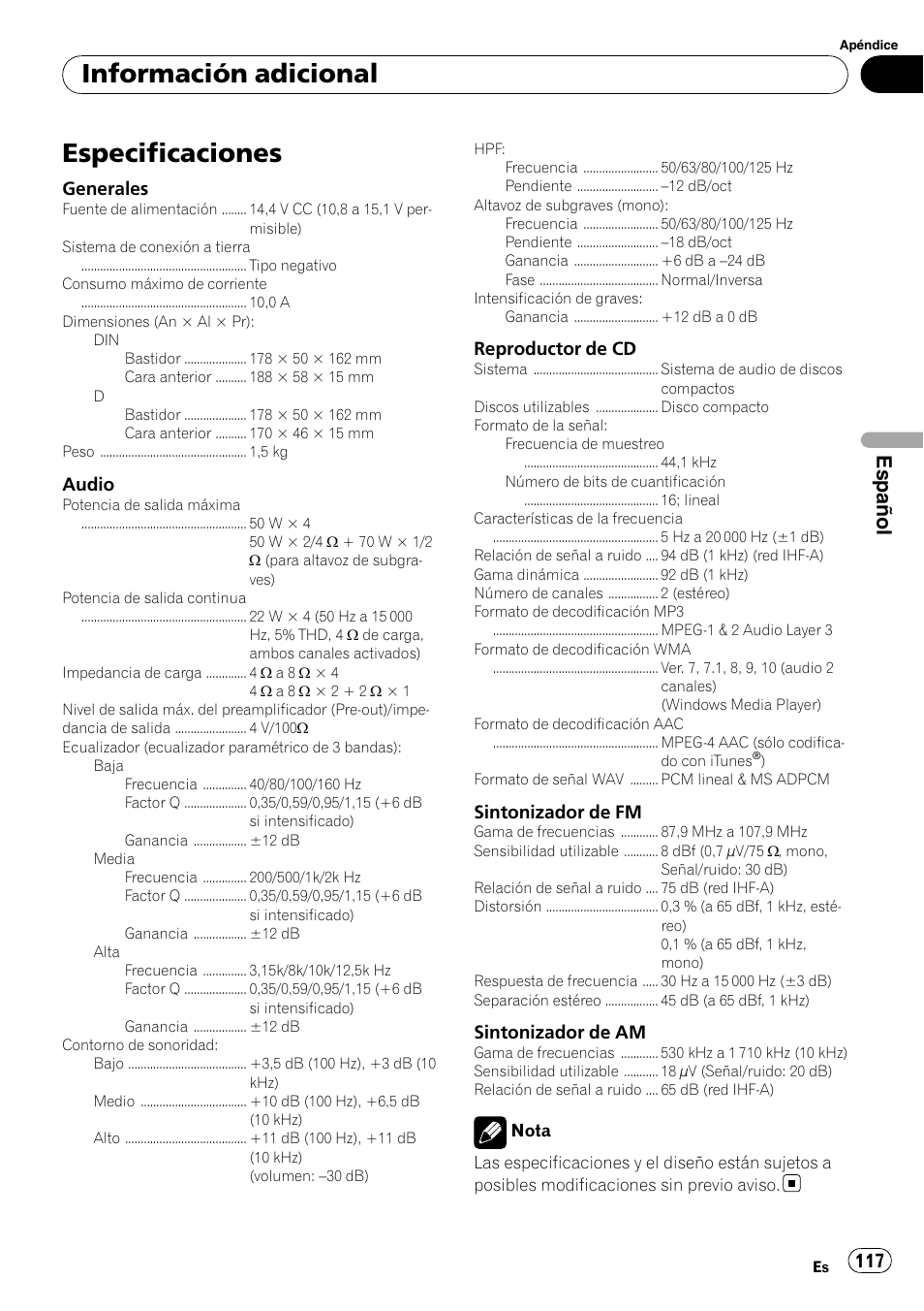 Especificaciones, Información adicional, Español | Pioneer Premier DEH-P490IB User Manual | Page 117 / 118