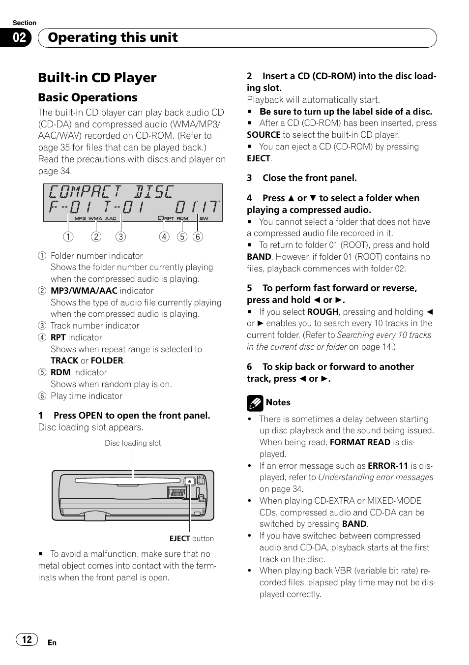 Built-in cd player, Basic operations 12, Operating this unit | Basic operations | Pioneer Premier DEH-P490IB User Manual | Page 12 / 118