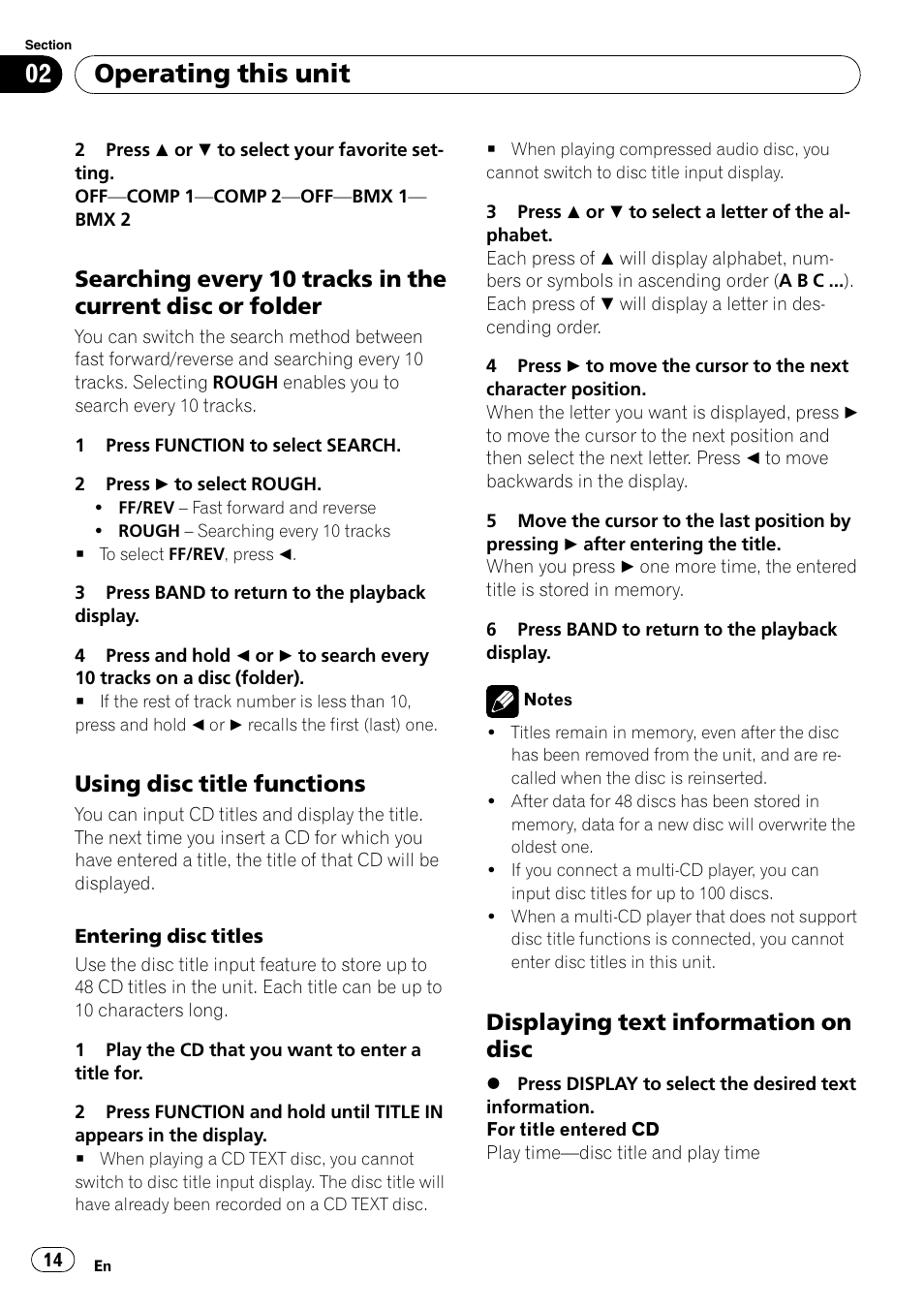 Searching every 10 tracks in the current, Disc or folder, Using disc title functions 14 | Displaying text information on disc 14, Operating this unit, Using disc title functions, Displaying text information on disc | Pioneer Premier DEH-P490IB User Manual | Page 14 / 118