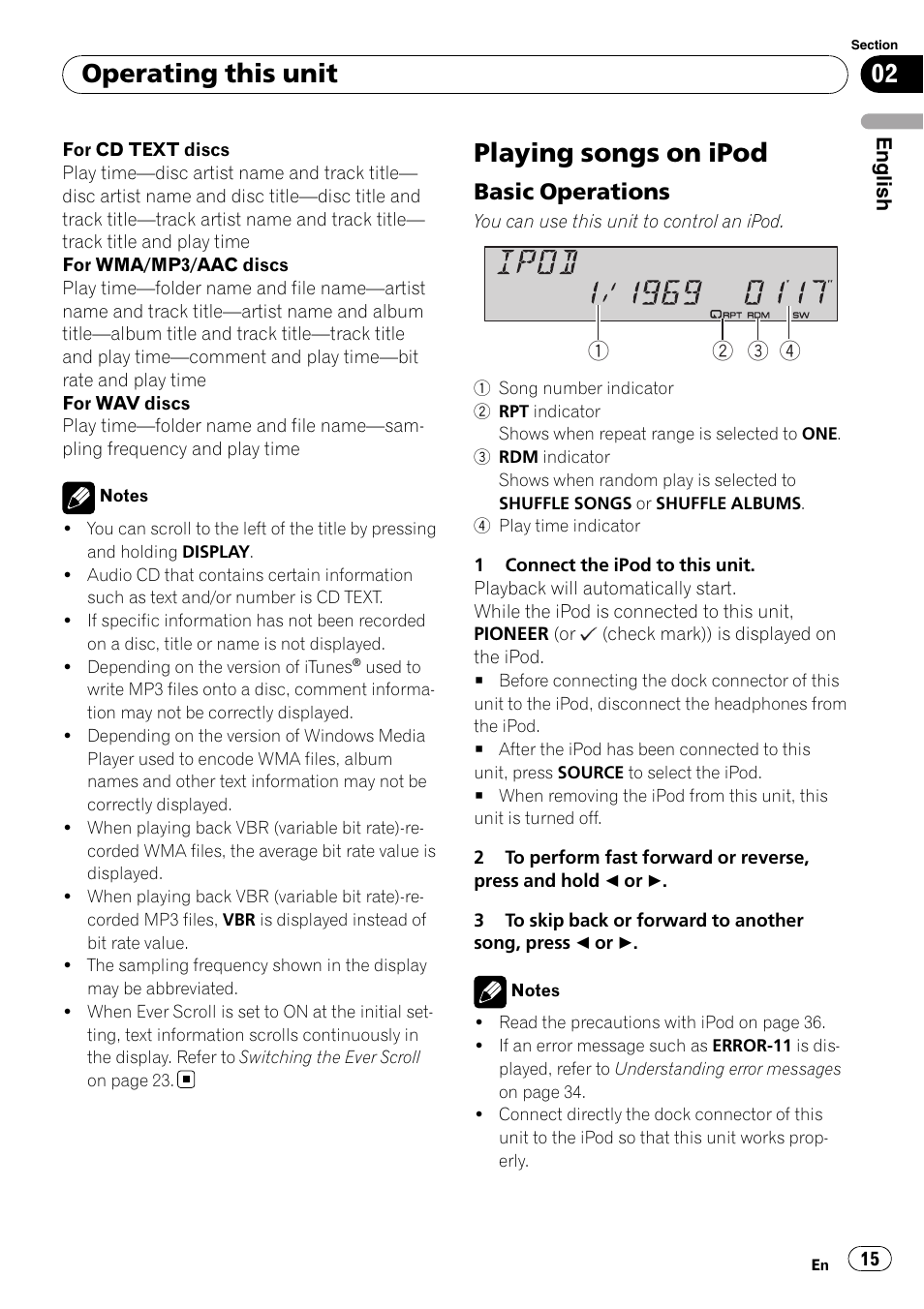 Playing songs on ipod, Basic operations 15, Operating this unit | Basic operations | Pioneer Premier DEH-P490IB User Manual | Page 15 / 118