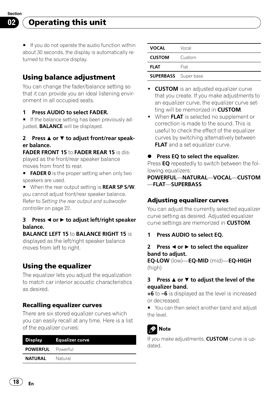 Using balance adjustment 18, Using the equalizer 18, Operating this unit | Using balance adjustment, Using the equalizer | Pioneer Premier DEH-P490IB User Manual | Page 18 / 118