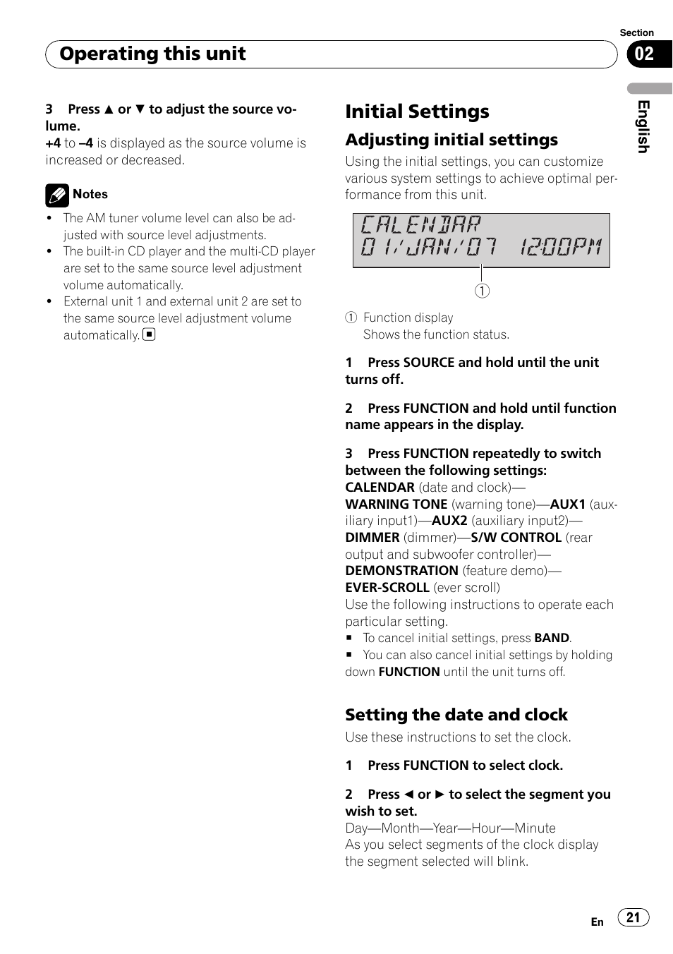 Initial settings, Adjusting initial settings 21, Setting the date and clock 21 | Operating this unit, Adjusting initial settings, Setting the date and clock | Pioneer Premier DEH-P490IB User Manual | Page 21 / 118