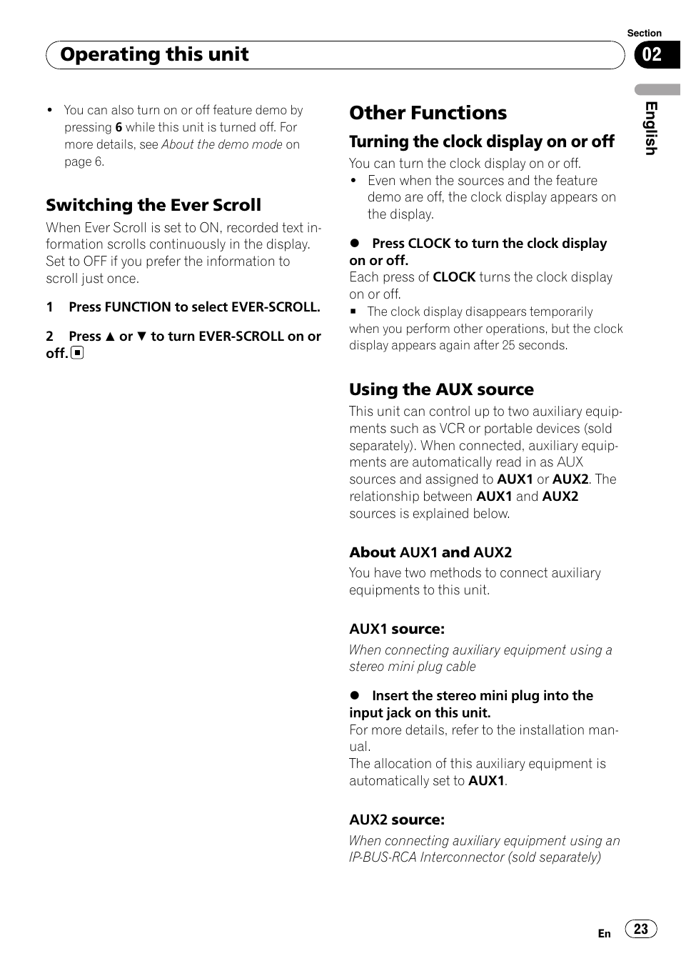 Switching the ever scroll 23, Other functions, Turning the clock display on or off 23 | Using the aux source 23, Operating this unit | Pioneer Premier DEH-P490IB User Manual | Page 23 / 118