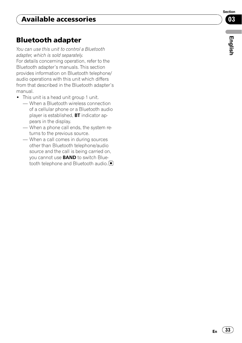 Bluetooth adapter, Available accessories | Pioneer Premier DEH-P490IB User Manual | Page 33 / 118