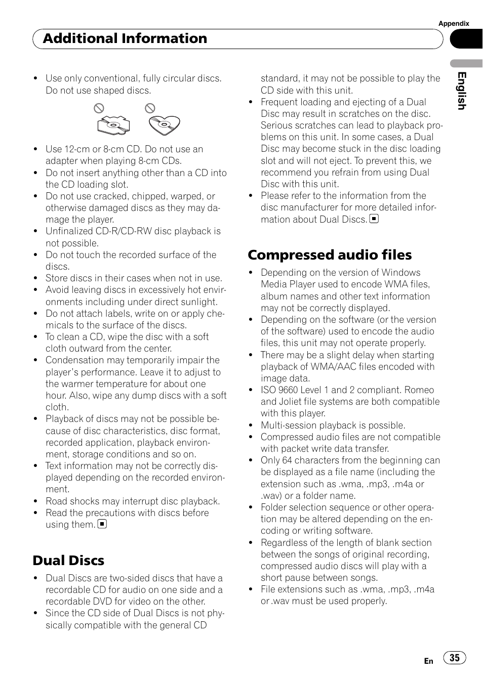Dual discs, Compressed audio files, Additional information | Pioneer Premier DEH-P490IB User Manual | Page 35 / 118