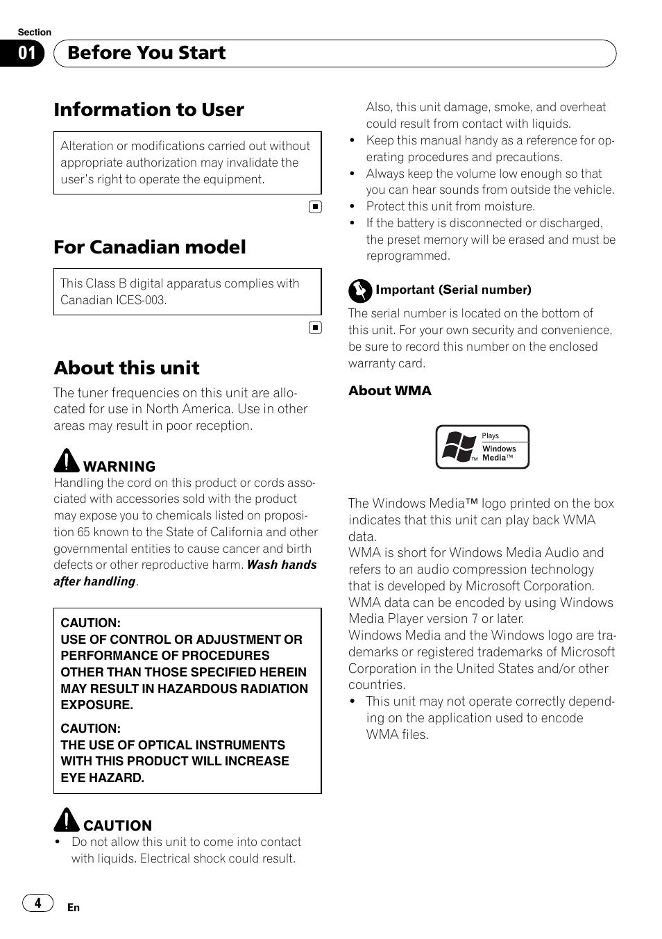 Before you start, Information to user, For canadian model | About this unit | Pioneer Premier DEH-P490IB User Manual | Page 4 / 118