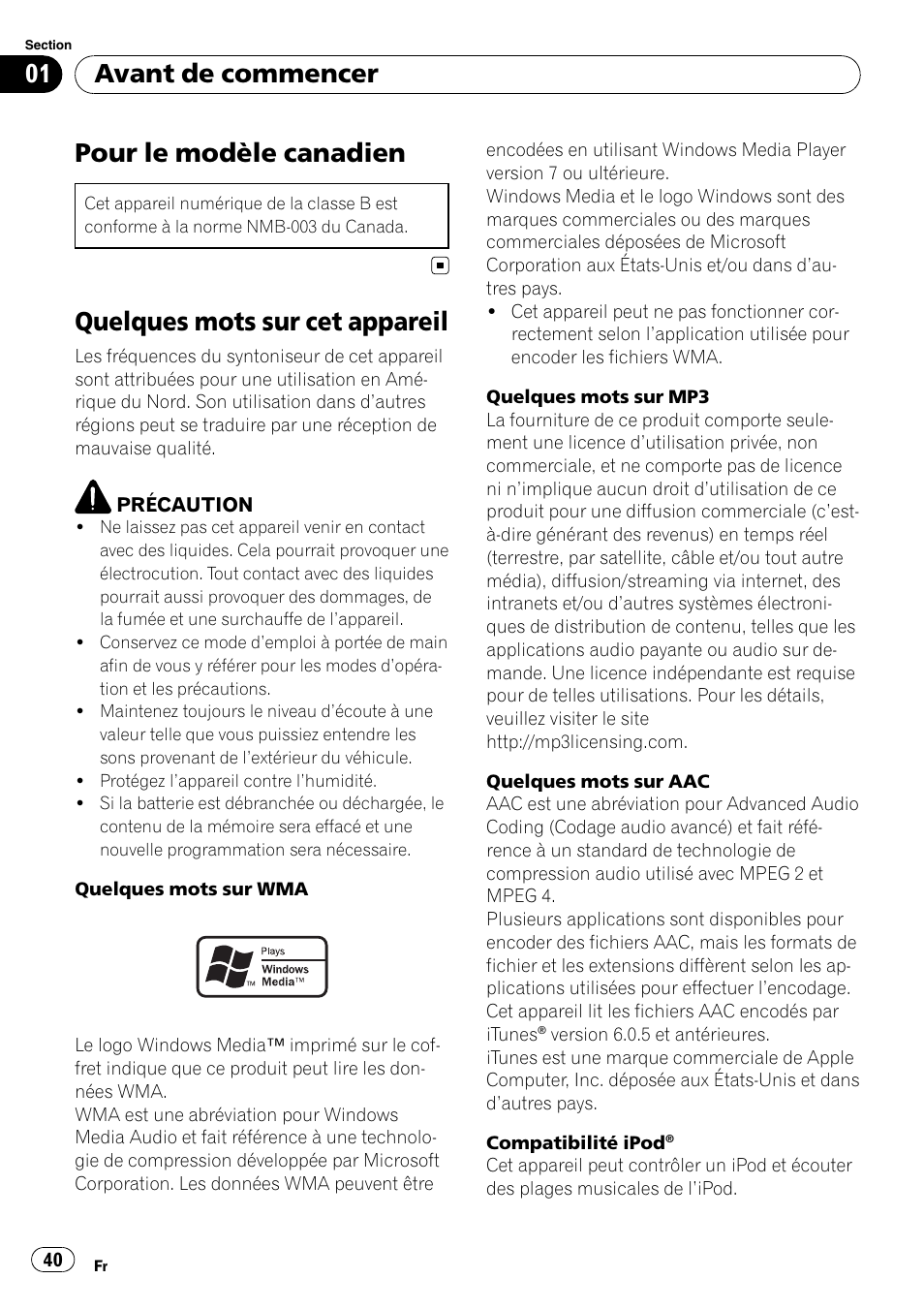 Avant de commencer, Pour le modèle canadien, Quelques mots sur cet appareil | Pioneer Premier DEH-P490IB User Manual | Page 40 / 118
