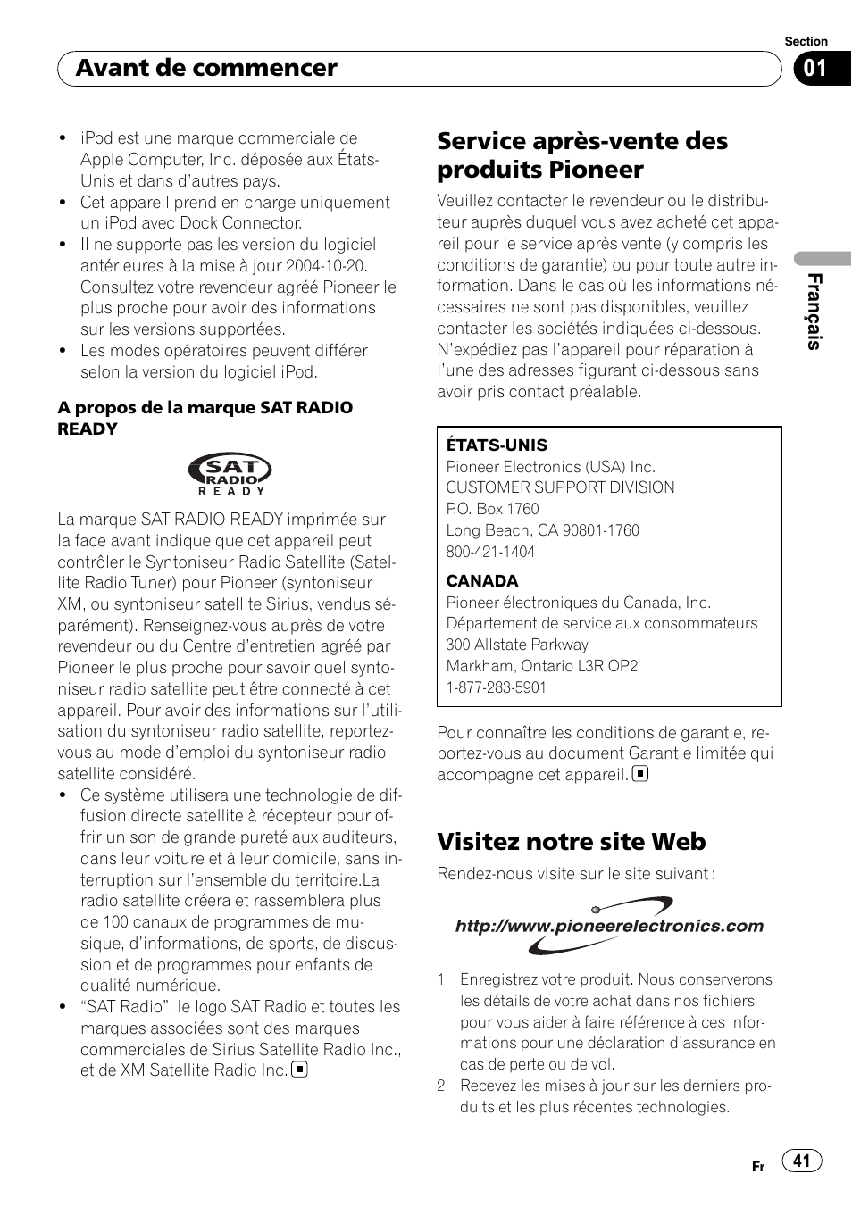 Service après-vente des produits pioneer, Visitez notre site web, Avant de commencer | Pioneer Premier DEH-P490IB User Manual | Page 41 / 118