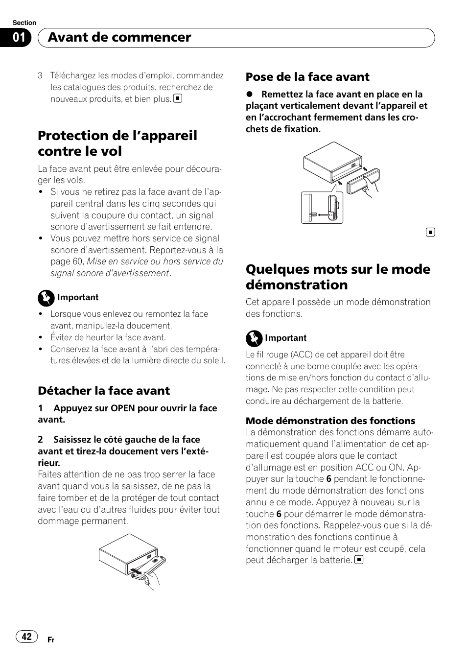 Protection de l, Appareil contre le vol 42, Détacher la face avant 42 | Pose de la face avant 42, Quelques mots sur le mode, Démonstration, Protection de l ’appareil contre le vol, Quelques mots sur le mode démonstration, Avant de commencer | Pioneer Premier DEH-P490IB User Manual | Page 42 / 118