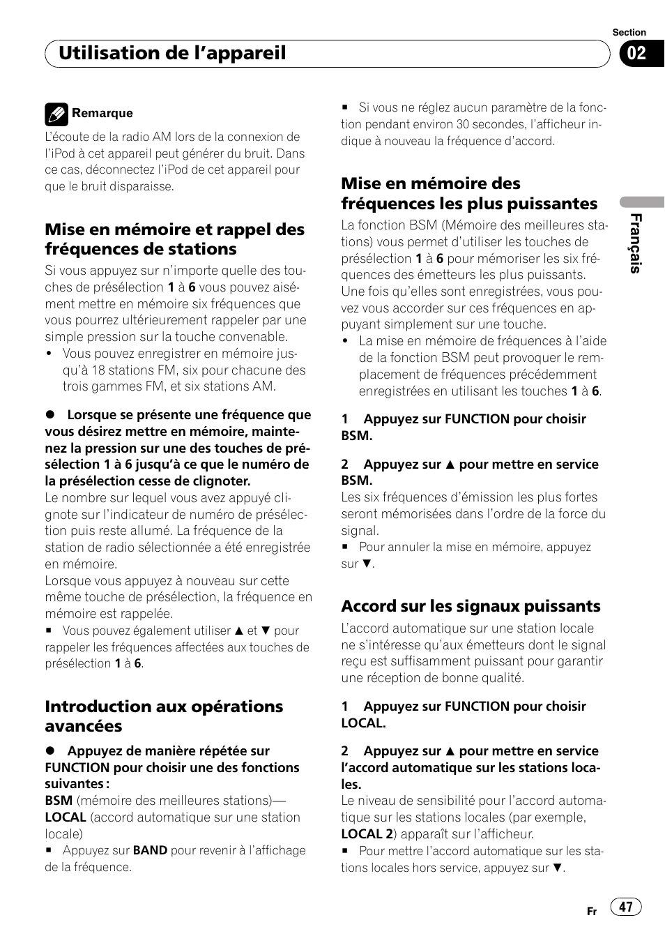 Mise en mémoire et rappel des, Fréquences de stations, Introduction aux opérations | Avancées, Mise en mémoire des fréquences les, Plus puissantes, Accord sur les signaux puissants 47, Utilisation de l ’appareil, Introduction aux opérations avancées, Mise en mémoire des fréquences les plus puissantes | Pioneer Premier DEH-P490IB User Manual | Page 47 / 118