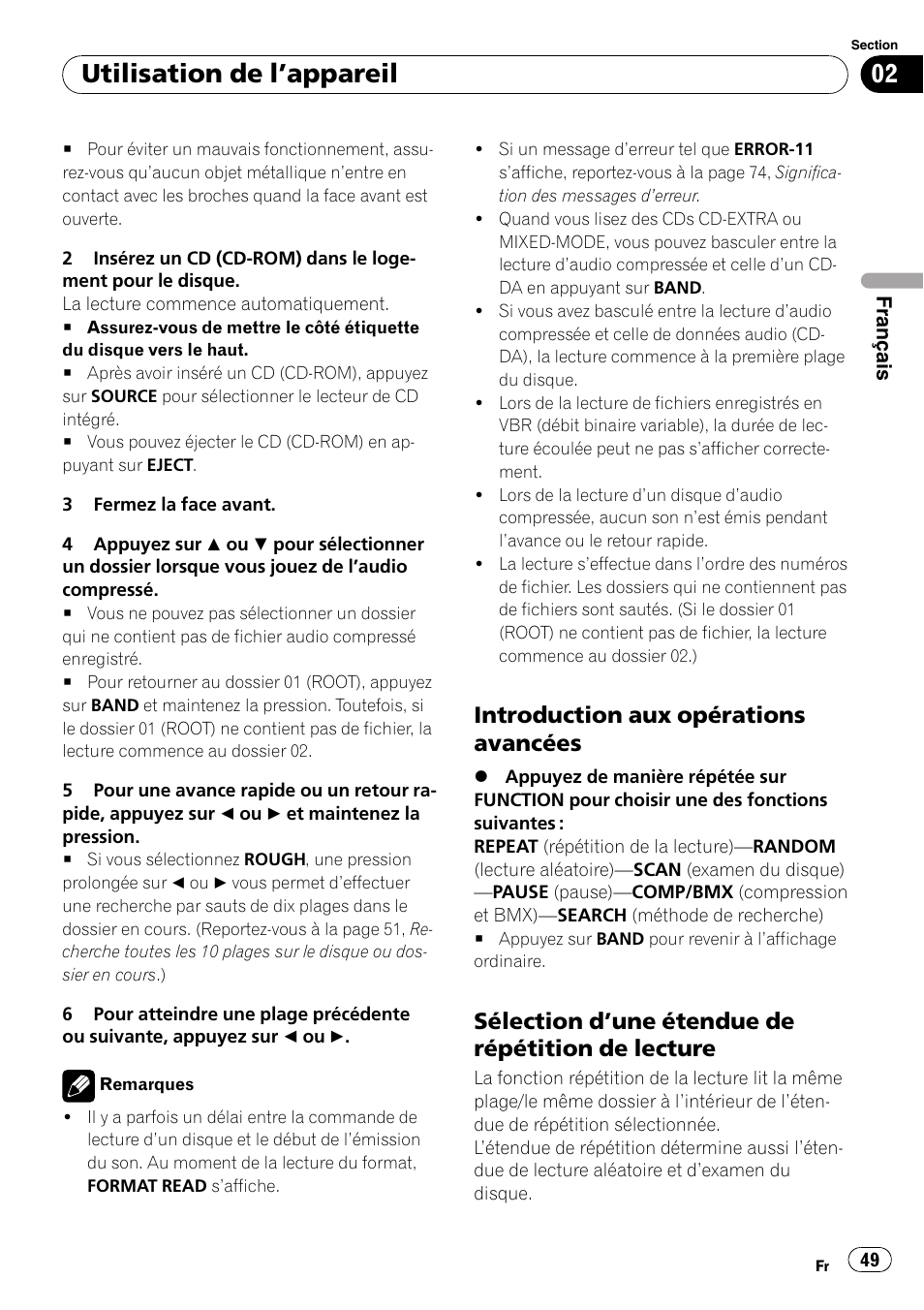 Introduction aux opérations, Avancées, Sélection d’une étendue de répétition | De lecture, Utilisation de l ’appareil, Introduction aux opérations avancées, Sélection d ’une étendue de répétition de lecture | Pioneer Premier DEH-P490IB User Manual | Page 49 / 118