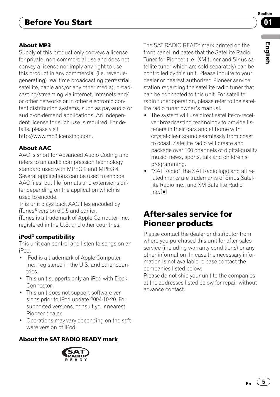 After-sales service for pioneer products, Before you start | Pioneer Premier DEH-P490IB User Manual | Page 5 / 118