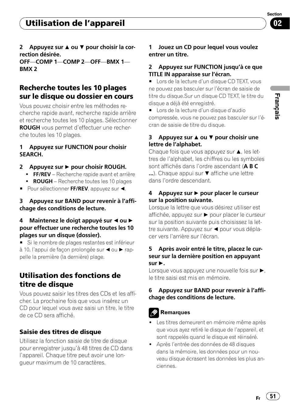 Recherche toutes les 10 plages sur le, Disque ou dossier en cours, Utilisation des fonctions de titre de | Disque, Utilisation de l ’appareil, Utilisation des fonctions de titre de disque | Pioneer Premier DEH-P490IB User Manual | Page 51 / 118