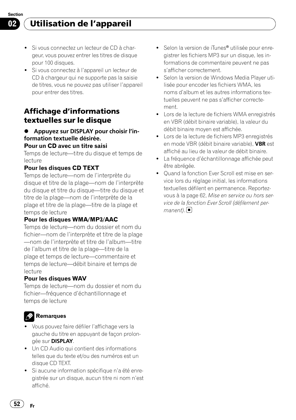 Affichage d’informations textuelles sur, Le disque, Utilisation de l ’appareil | Affichage d ’informations textuelles sur le disque | Pioneer Premier DEH-P490IB User Manual | Page 52 / 118