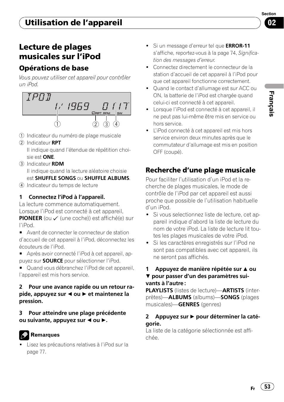 Lecture de plages musicales sur l, Ipod 53, Opérations de base 53 | Recherche d’une plage musicale 53, Lecture de plages musicales sur l ’ipod, Utilisation de l ’appareil, Opérations de base, Recherche d ’une plage musicale | Pioneer Premier DEH-P490IB User Manual | Page 53 / 118
