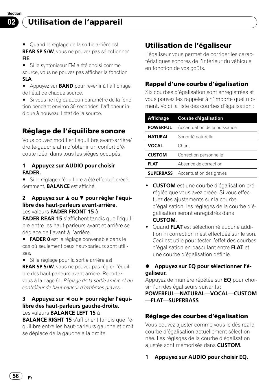 Réglage de l’équilibre sonore 56, Utilisation de l’égaliseur 56, Utilisation de l ’appareil | Réglage de l ’équilibre sonore, Utilisation de l ’égaliseur | Pioneer Premier DEH-P490IB User Manual | Page 56 / 118