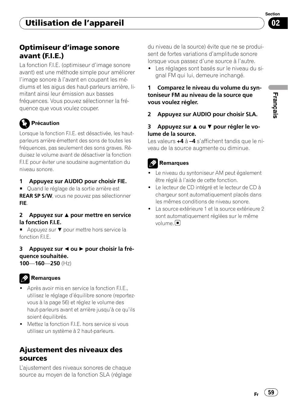 Optimiseur d’image sonore avant, F.i.e.), Ajustement des niveaux des | Sources, Utilisation de l ’appareil, Optimiseur d ’image sonore avant (f.i.e.), Ajustement des niveaux des sources | Pioneer Premier DEH-P490IB User Manual | Page 59 / 118