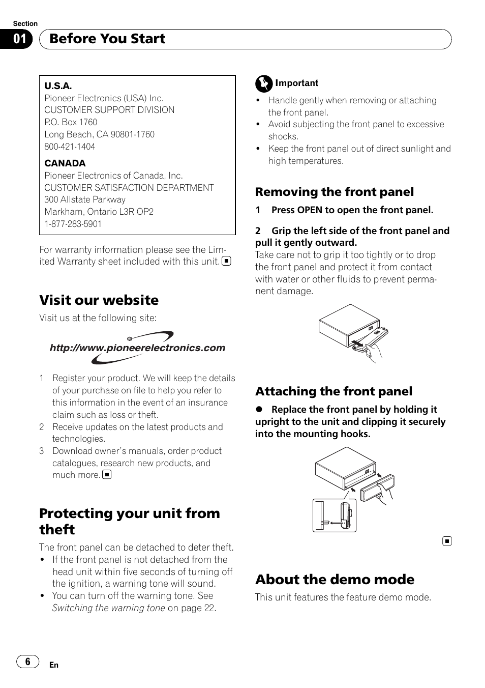 Visit our website, Protecting your unit from theft, Removing the front panel 6 | Attaching the front panel 6, About the demo mode, Before you start | Pioneer Premier DEH-P490IB User Manual | Page 6 / 118