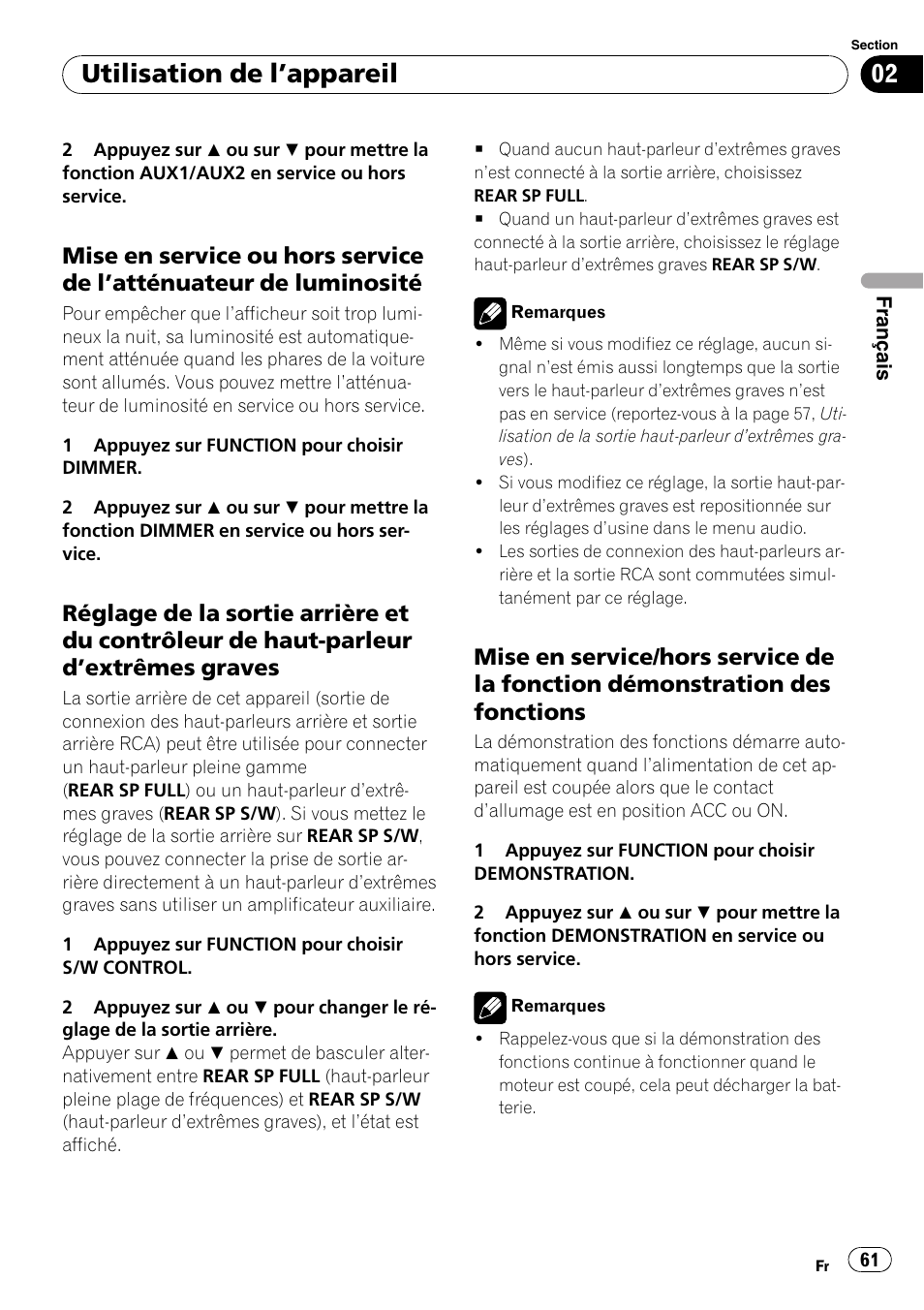 Mise en service ou hors service de, Atténuateur de luminosité 61, Réglage de la sortie arrière et du | Contrôleur de haut-parleur d, Extrêmes, Graves, Mise en service/hors service de la, Fonction démonstration des fonctions, Utilisation de l ’appareil | Pioneer Premier DEH-P490IB User Manual | Page 61 / 118