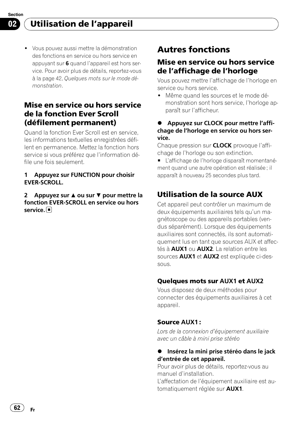 Mise en service ou hors service de la, Fonction ever scroll (défilement permanent), Autres fonctions | Mise en service ou hors service de, Affichage de l’horloge 62, Utilisation de la source aux 62, Utilisation de l ’appareil | Pioneer Premier DEH-P490IB User Manual | Page 62 / 118