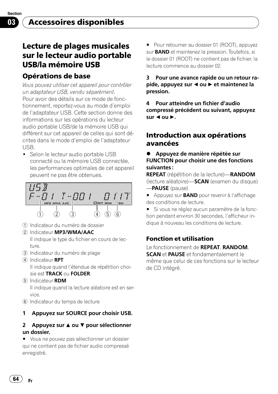 Audio portable usb/la mémoire usb, Opérations de base 64, Introduction aux opérations | Avancées, Accessoires disponibles, Opérations de base, Introduction aux opérations avancées | Pioneer Premier DEH-P490IB User Manual | Page 64 / 118