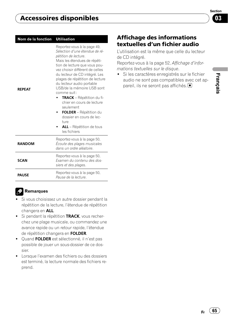 Affichage des informations textuelles, Un fichier audio 65, Accessoires disponibles | Pioneer Premier DEH-P490IB User Manual | Page 65 / 118