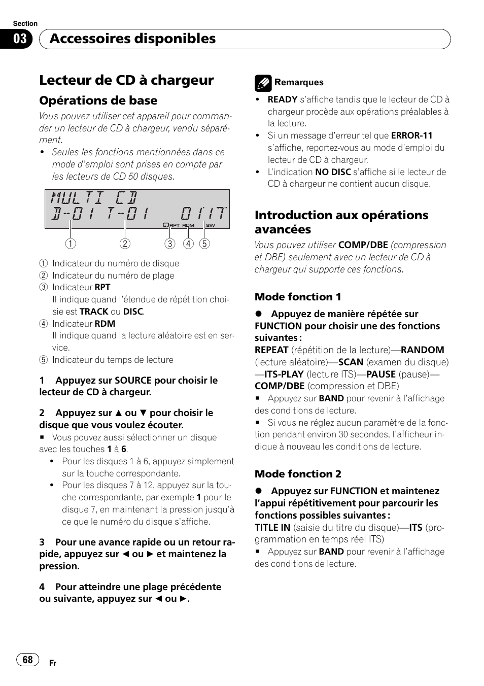 Lecteur de cd à chargeur, Opérations de base 68, Introduction aux opérations | Avancées, Accessoires disponibles, Opérations de base, Introduction aux opérations avancées | Pioneer Premier DEH-P490IB User Manual | Page 68 / 118
