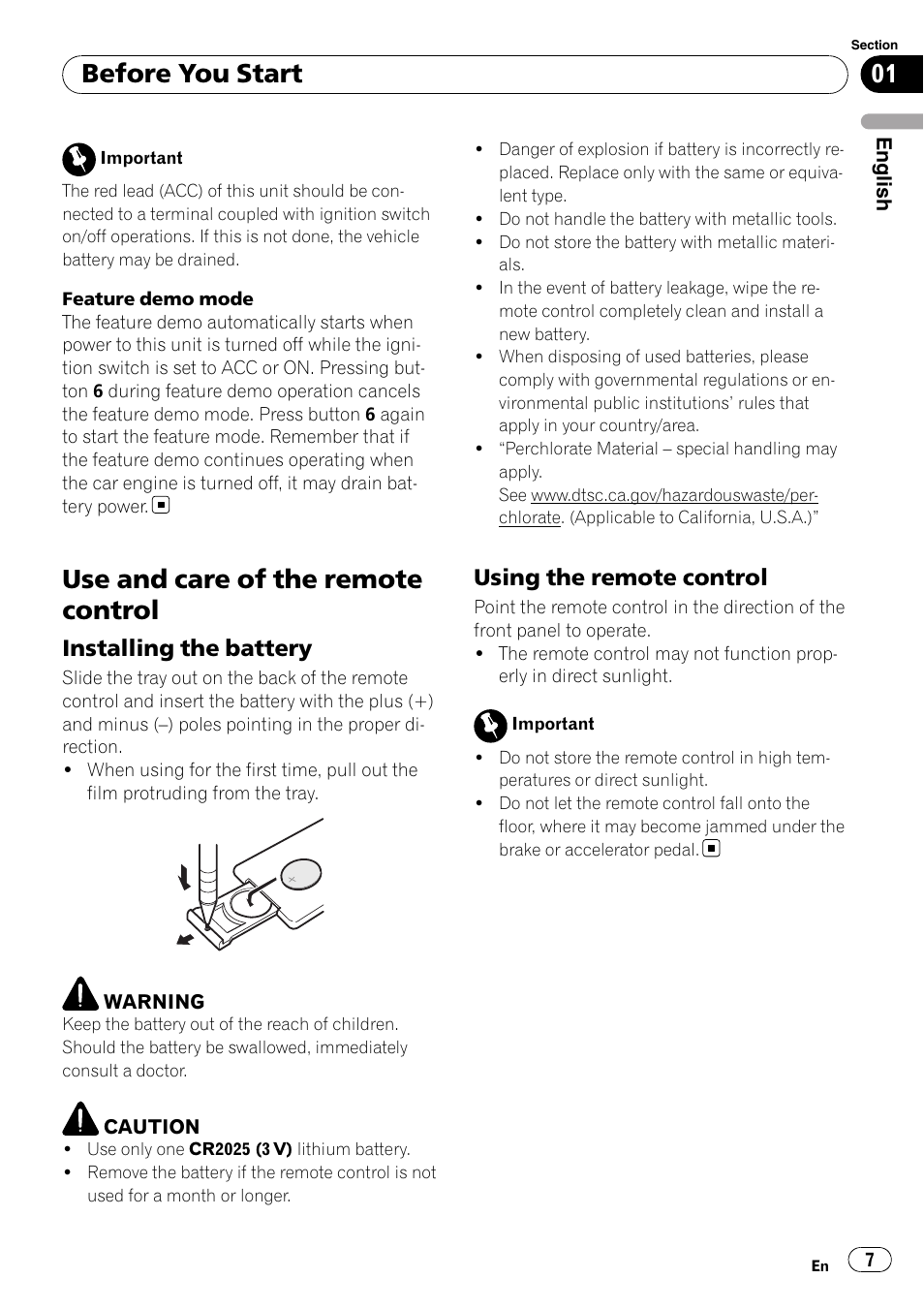 Use and care of the remote control, Installing the battery 7, Using the remote control 7 | Before you start, Installing the battery, Using the remote control | Pioneer Premier DEH-P490IB User Manual | Page 7 / 118