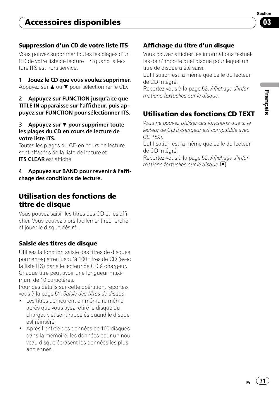 Utilisation des fonctions de titre de, Disque, Utilisation des fonctions cd text 71 | Accessoires disponibles, Utilisation des fonctions de titre de disque, Utilisation des fonctions cd text | Pioneer Premier DEH-P490IB User Manual | Page 71 / 118