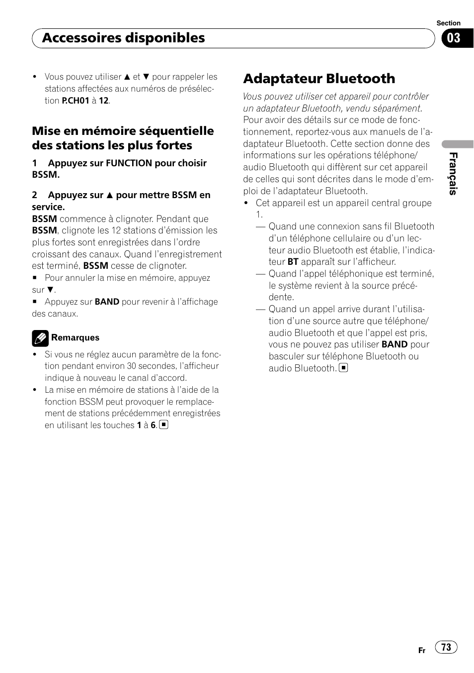 Mise en mémoire séquentielle des, Stations les plus fortes, Adaptateur bluetooth | Accessoires disponibles | Pioneer Premier DEH-P490IB User Manual | Page 73 / 118