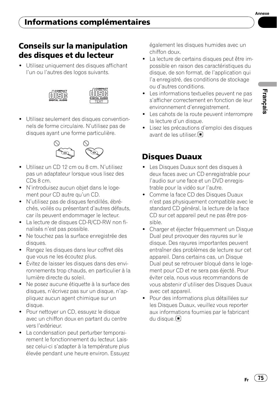 Conseils sur la manipulation des disques et, Du lecteur, Disques duaux | Informations complémentaires | Pioneer Premier DEH-P490IB User Manual | Page 75 / 118