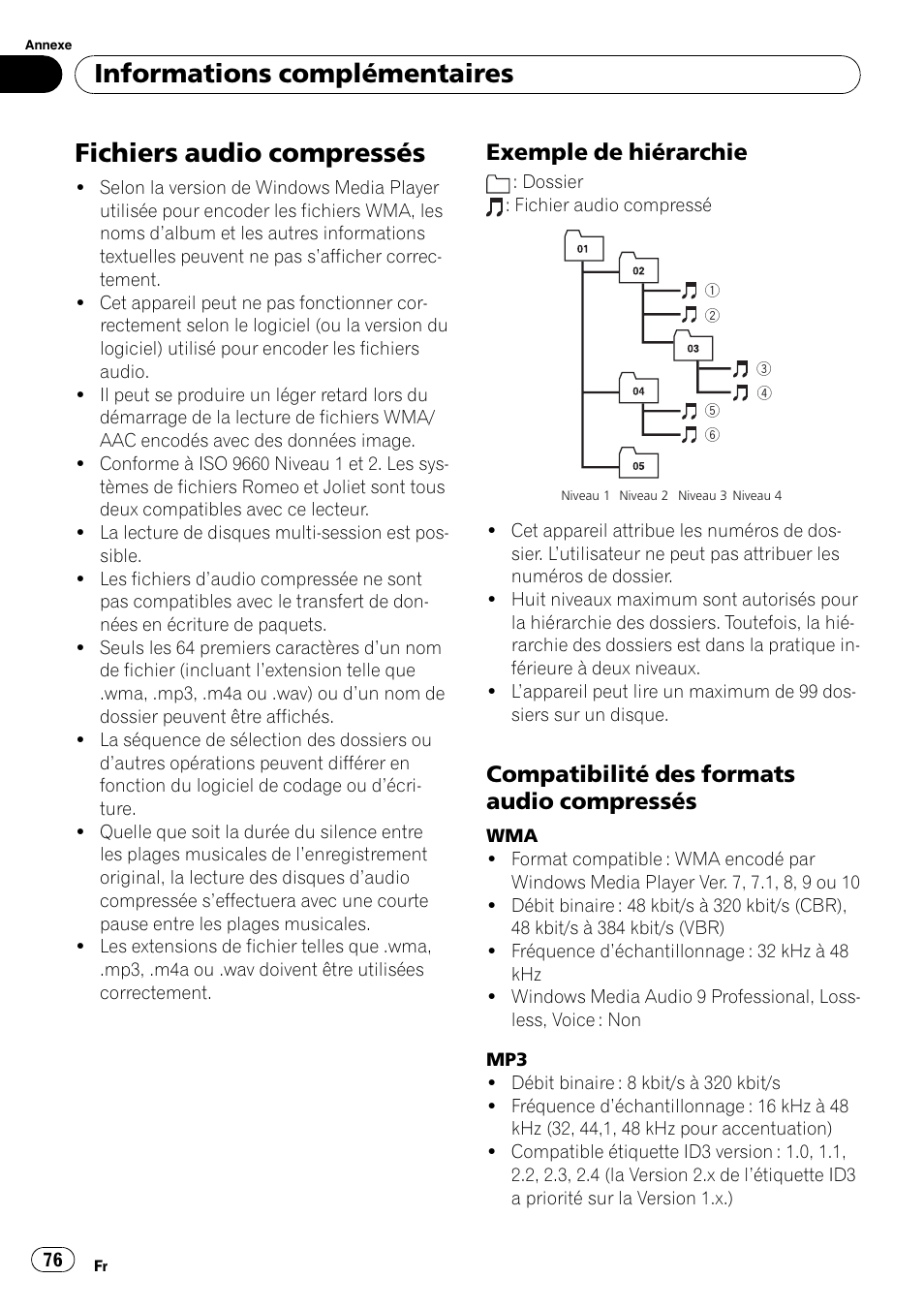 Fichiers audio compressés, Exemple de hiérarchie 76, Compatibilité des formats audio | Compressés, Informations complémentaires, Exemple de hiérarchie, Compatibilité des formats audio compressés | Pioneer Premier DEH-P490IB User Manual | Page 76 / 118