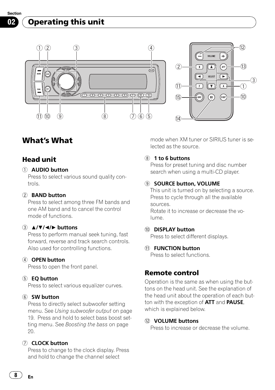 Operating this unit what, S what 8, Head unit 8 | Remote control 8, What ’s what, Operating this unit | Pioneer Premier DEH-P490IB User Manual | Page 8 / 118