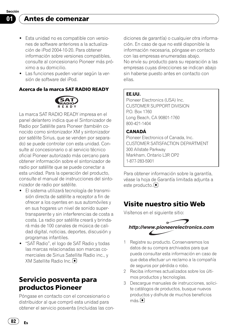 Servicio posventa para productos, Pioneer, Visite nuestro sitio web | Servicio posventa para productos pioneer, Antes de comenzar | Pioneer Premier DEH-P490IB User Manual | Page 82 / 118