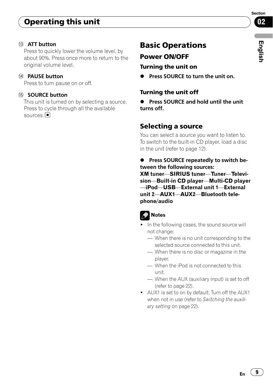 Basic operations, Power on/off 9, Selecting a source 9 | Operating this unit, Power on/off, Selecting a source | Pioneer Premier DEH-P490IB User Manual | Page 9 / 118