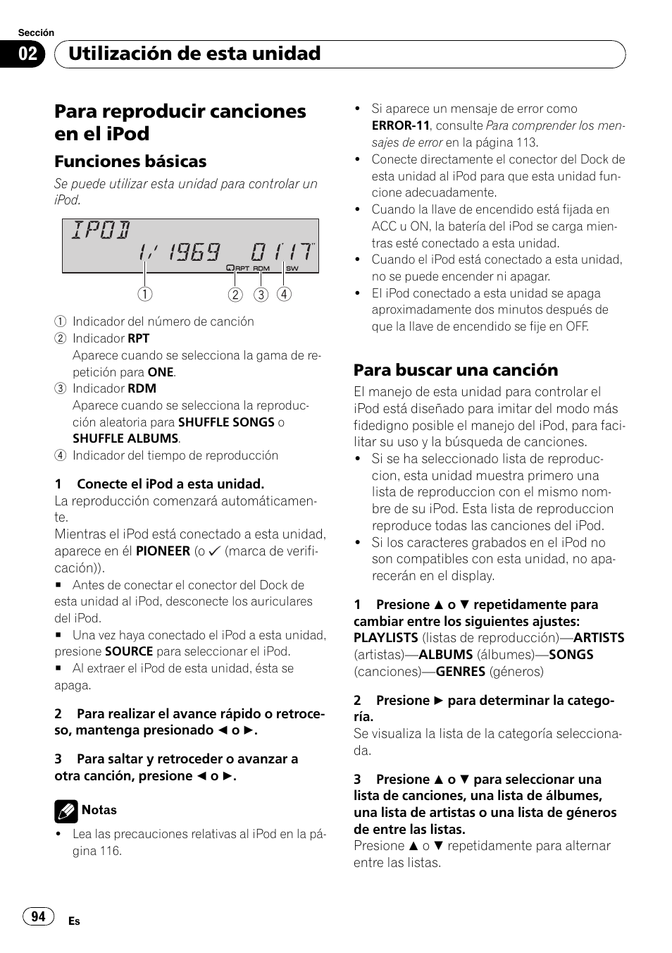 Para reproducir canciones en el ipod, Funciones básicas 94, Para buscar una canción 94 | Utilización de esta unidad, Funciones básicas, Para buscar una canción | Pioneer Premier DEH-P490IB User Manual | Page 94 / 118