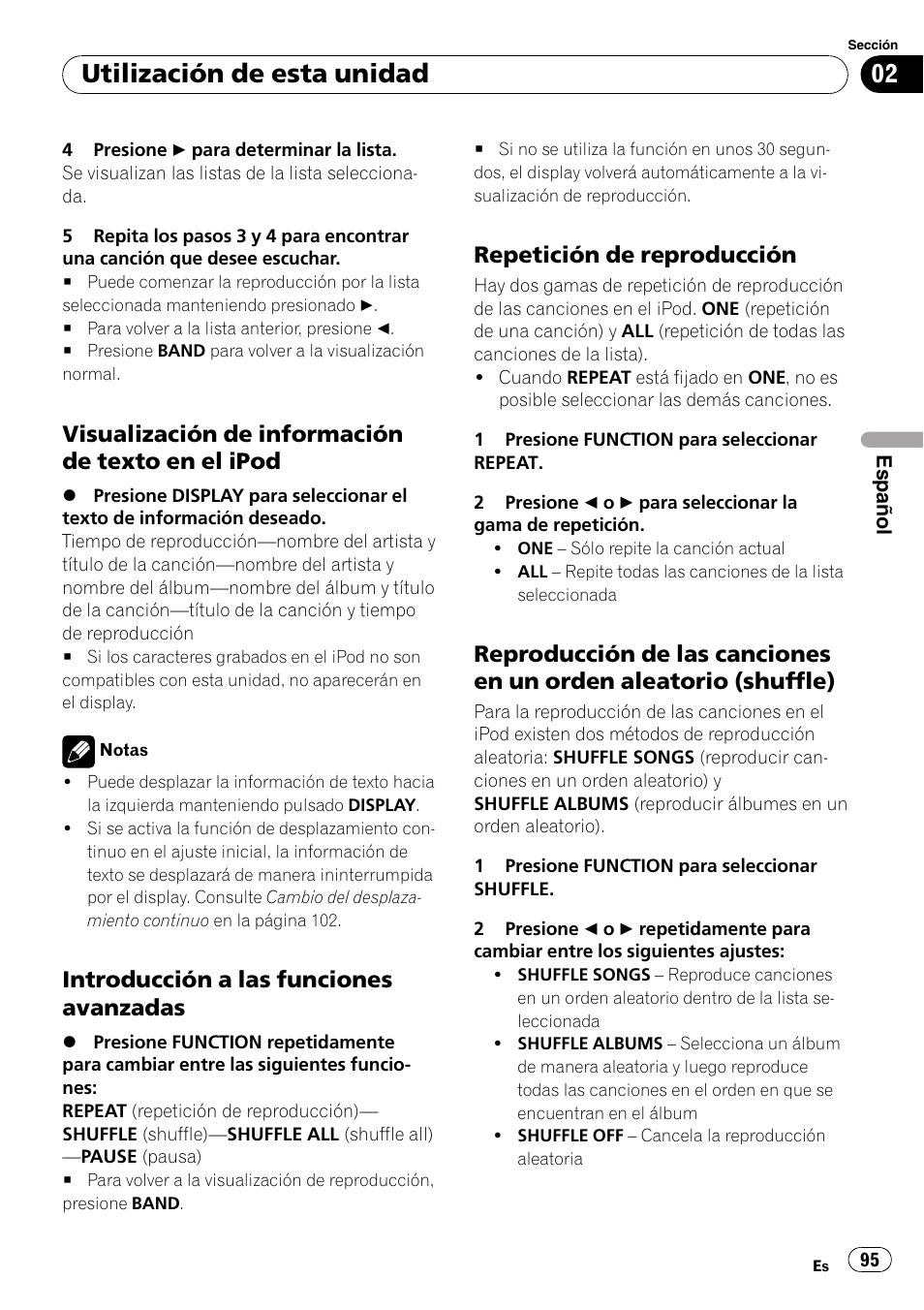 Visualización de información de texto, En el ipod, Introducción a las funciones | Avanzadas, Repetición de reproducción 95, Reproducción de las canciones en un, Orden aleatorio (shuffle), Utilización de esta unidad, Visualización de información de texto en el ipod, Introducción a las funciones avanzadas | Pioneer Premier DEH-P490IB User Manual | Page 95 / 118