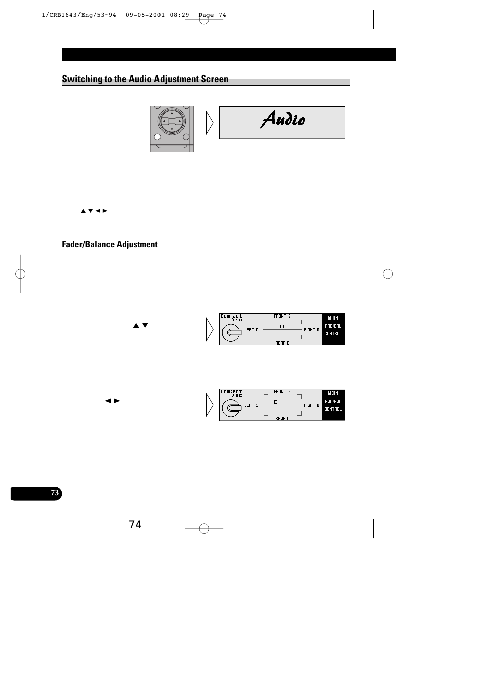 Audio adjustment, Switching to the audio adjustment screen | Pioneer DEX-P9R User Manual | Page 74 / 96