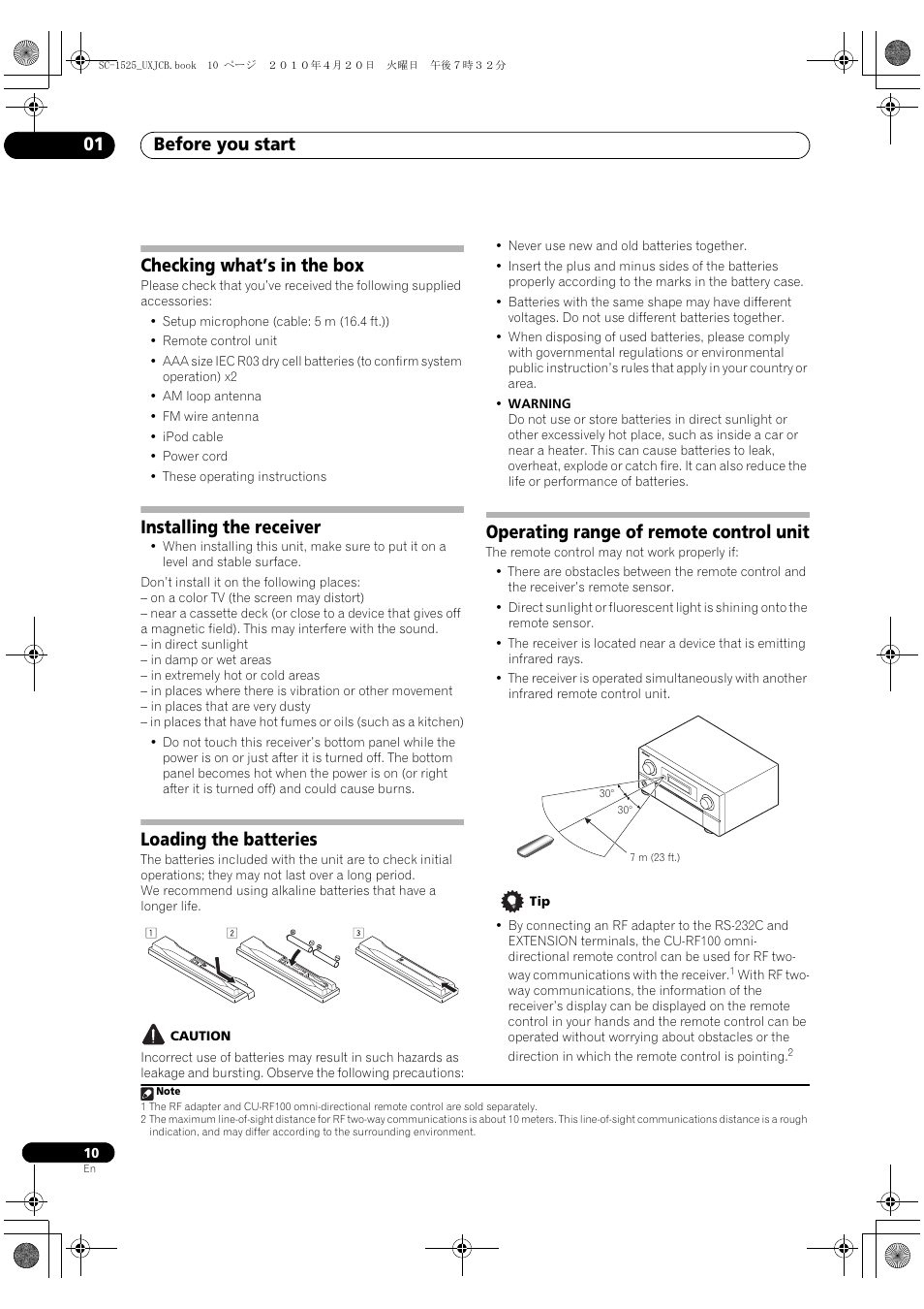 Checking what’s in the box, Installing the receiver, Loading the batteries | Operating range of remote control unit, Before you start 01 | Pioneer SC-1525-K User Manual | Page 10 / 116