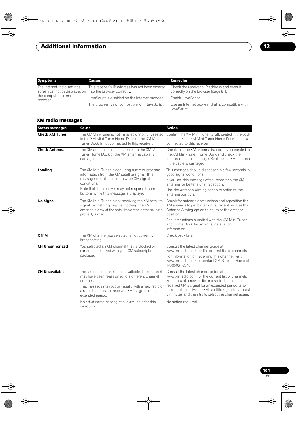 Xm radio messages, Additional information 12 | Pioneer SC-1525-K User Manual | Page 101 / 116
