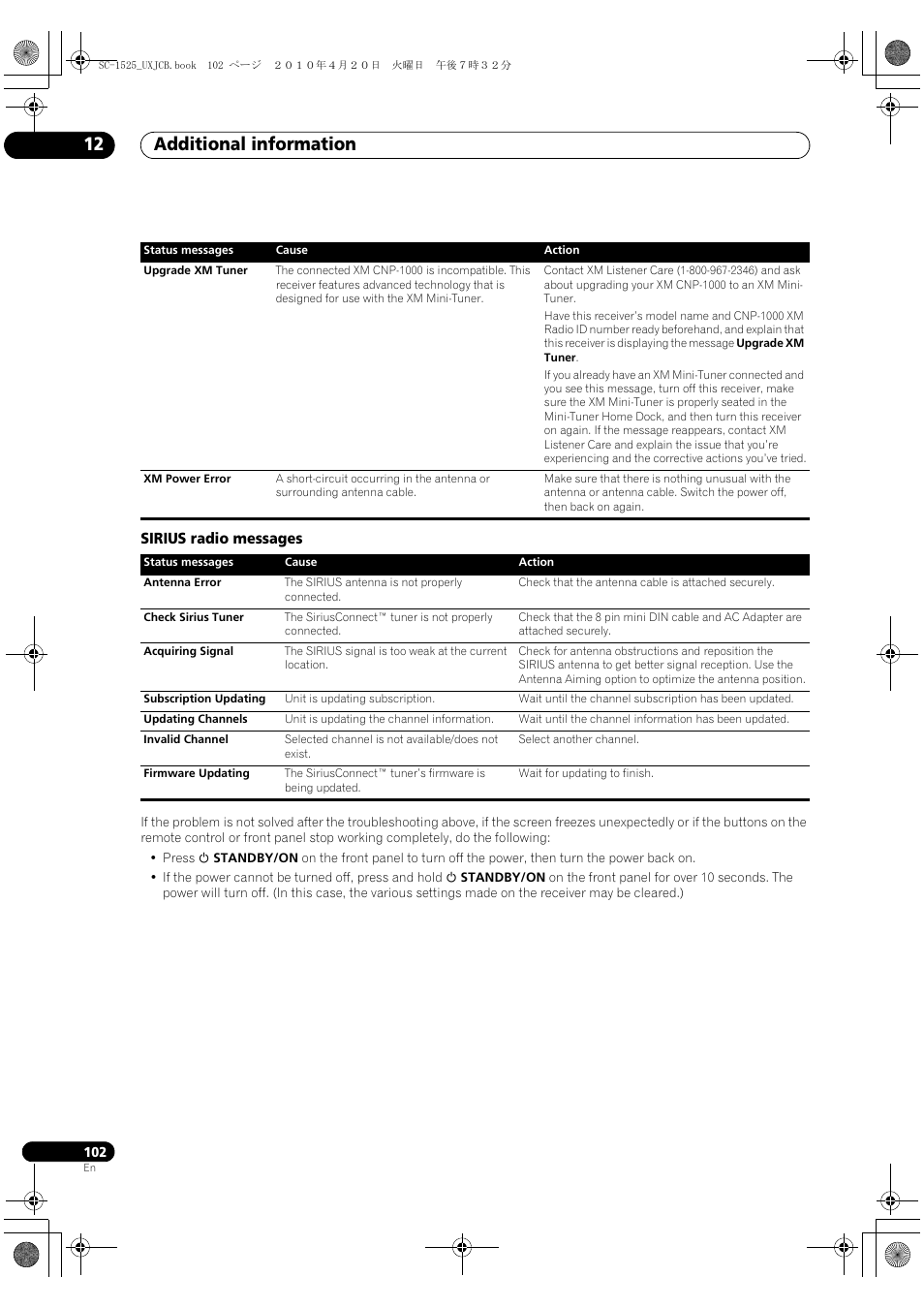 Sirius radio messages, Additional information 12 | Pioneer SC-1525-K User Manual | Page 102 / 116
