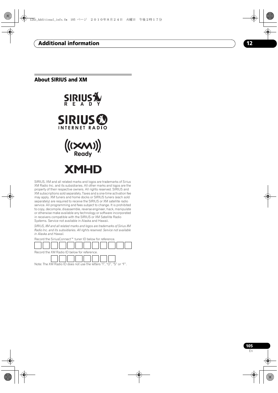 About sirius and xm, Additional information 12 | Pioneer SC-1525-K User Manual | Page 105 / 116