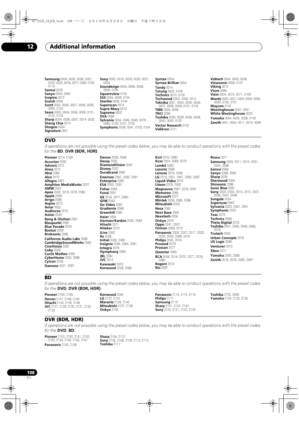 Dvr (bdr, hdr), Additional information 12 | Pioneer SC-1525-K User Manual | Page 108 / 116