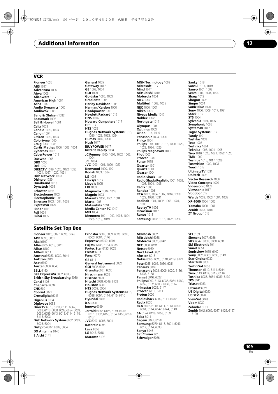 Satellite set top box, Additional information 12 | Pioneer SC-1525-K User Manual | Page 109 / 116