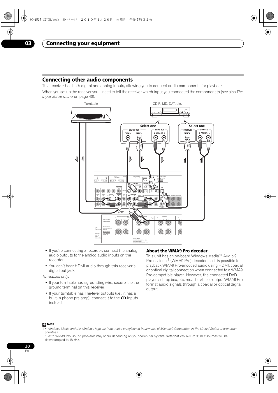 Connecting other audio components, About the wma9 pro decoder, Connecting your equipment 03 | Pioneer SC-1525-K User Manual | Page 30 / 116